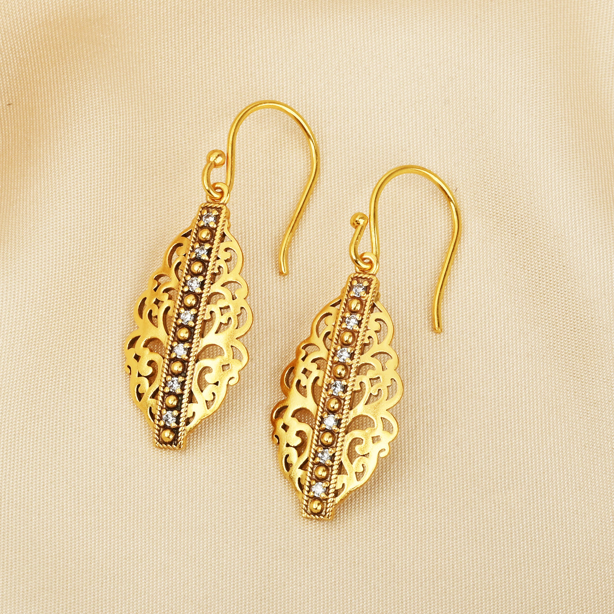 Gold-Plated Filigree Marquise Drop Earrings with Blue Sapphire CZ