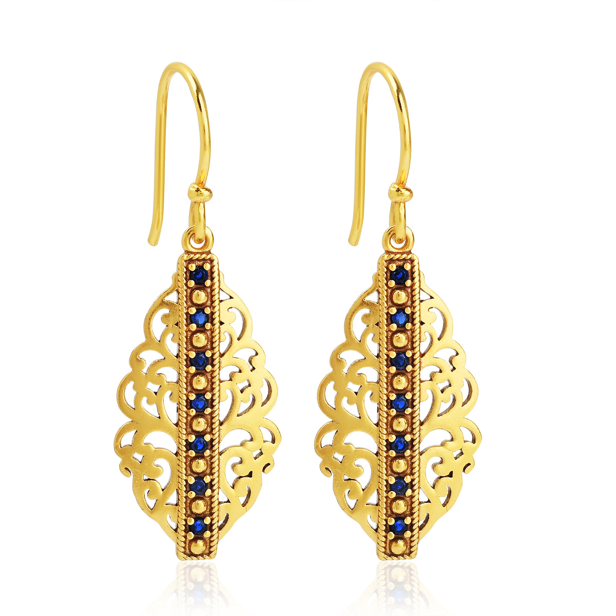 Gold-Plated Filigree Marquise Drop Earrings with Blue Sapphire CZ