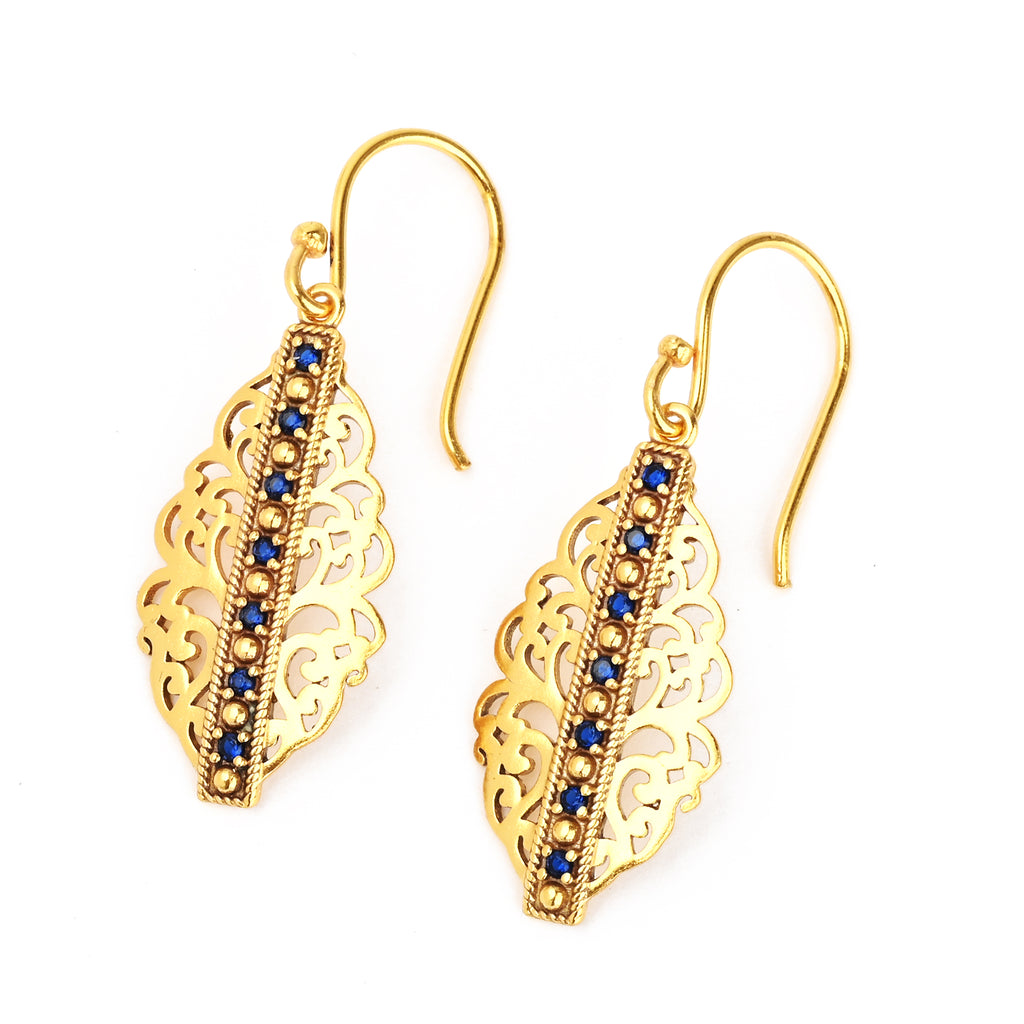 Gold-Plated Filigree Marquise Drop Earrings with Blue Sapphire CZ