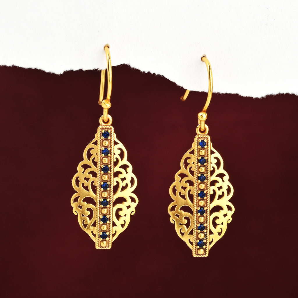 Gold-Plated Filigree Marquise Drop Earrings with Blue Sapphire CZ
