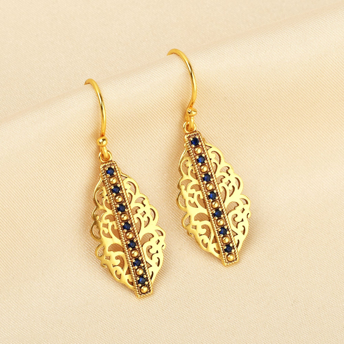 Gold-Plated Filigree Marquise Drop Earrings with Blue Sapphire CZ