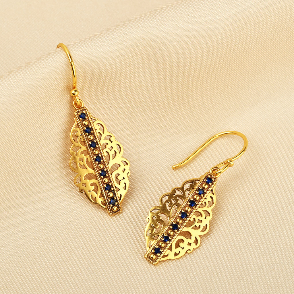 Gold-Plated Filigree Marquise Drop Earrings with Blue Sapphire CZ