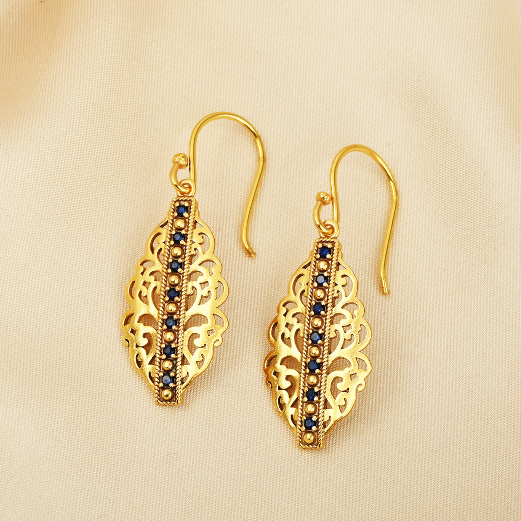 Gold-Plated Filigree Marquise Drop Earrings with Blue Sapphire CZ