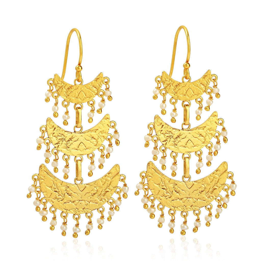 Triple-Tiered Gold Crescent Drop Earrings with Pearl Charms