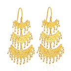 Triple-Tiered Gold Crescent Drop Earrings with Pearl Charms