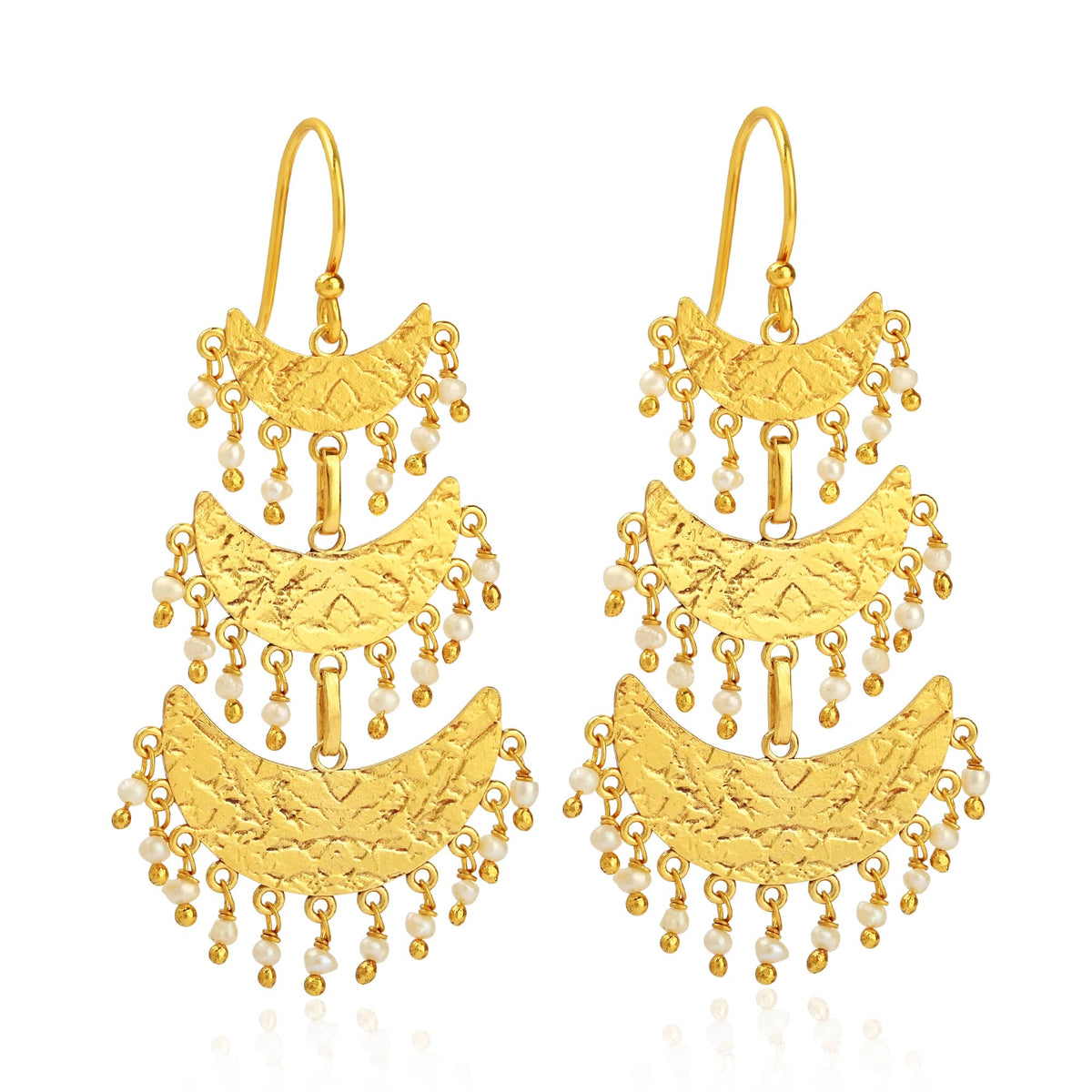 Triple-Tiered Gold Crescent Drop Earrings with Pearl Charms