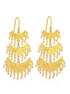 Triple-Tiered Gold Crescent Drop Earrings with Pearl Charms