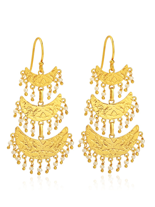 Triple-Tiered Gold Crescent Drop Earrings with Pearl Charms