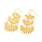 Triple-Tiered Gold Crescent Drop Earrings with Pearl Charms