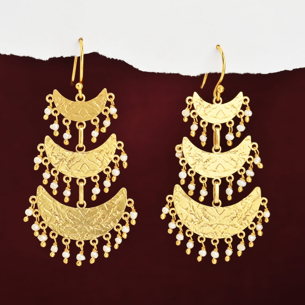 Triple-Tiered Gold Crescent Drop Earrings with Pearl Charms