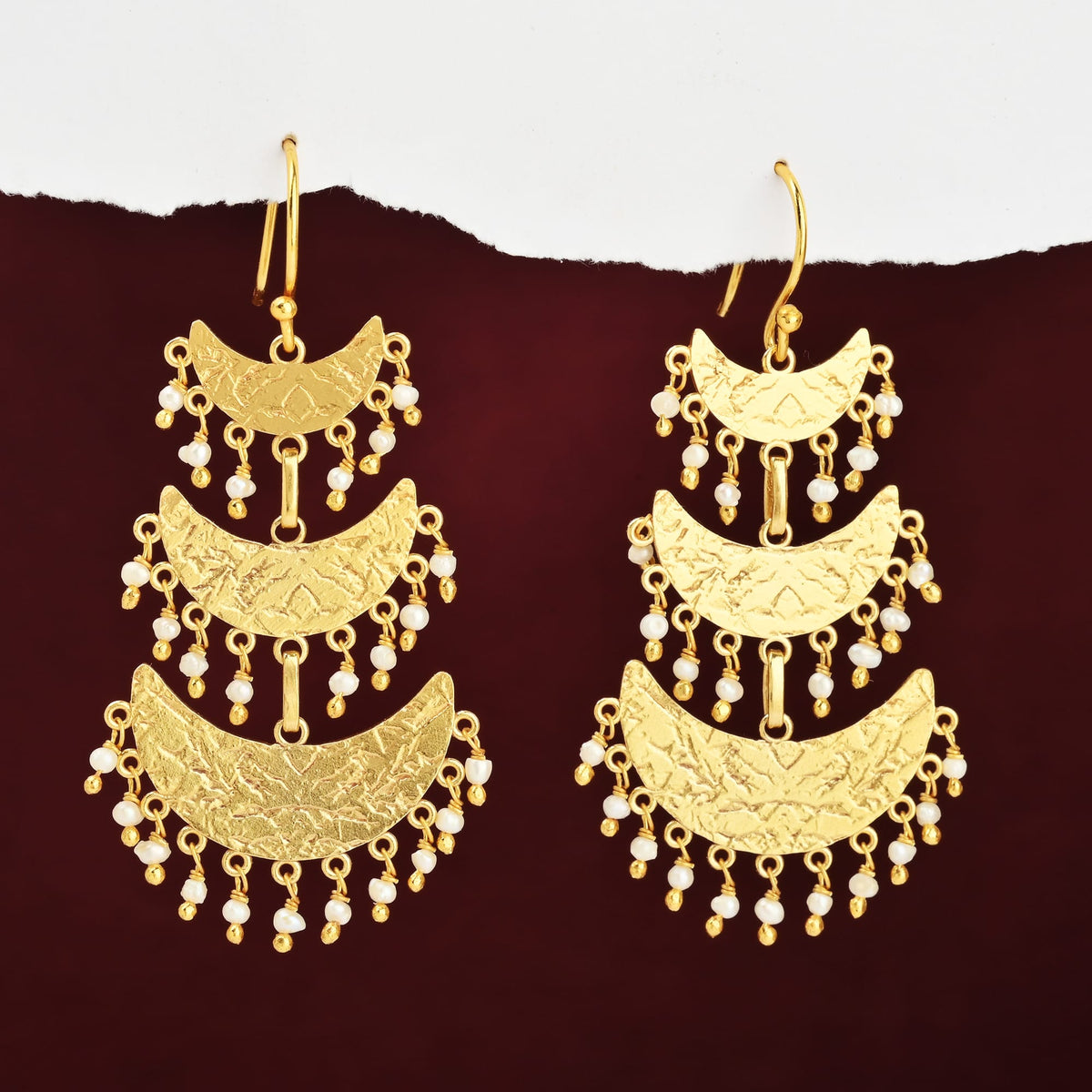 Triple-Tiered Gold Crescent Drop Earrings with Pearl Charms