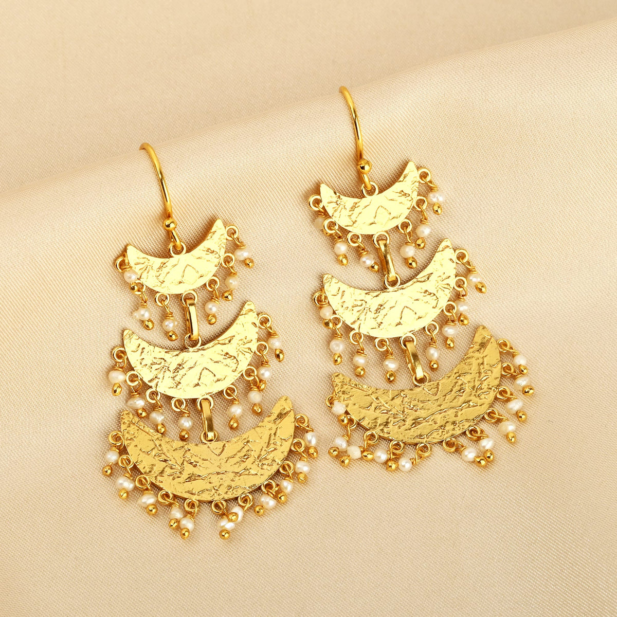 Triple-Tiered Gold Crescent Drop Earrings with Pearl Charms