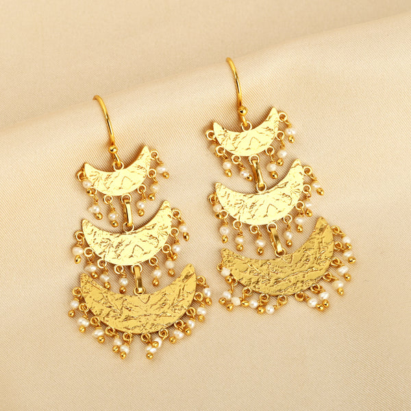 Triple-Tiered Gold Crescent Drop Earrings with Pearl Charms