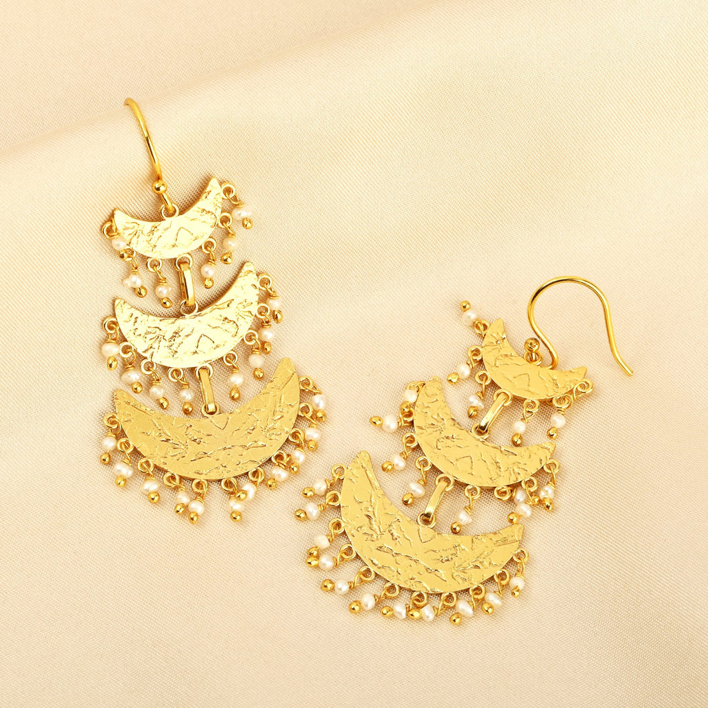 Triple-Tiered Gold Crescent Drop Earrings with Pearl Charms