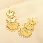 Triple-Tiered Gold Crescent Drop Earrings with Pearl Charms