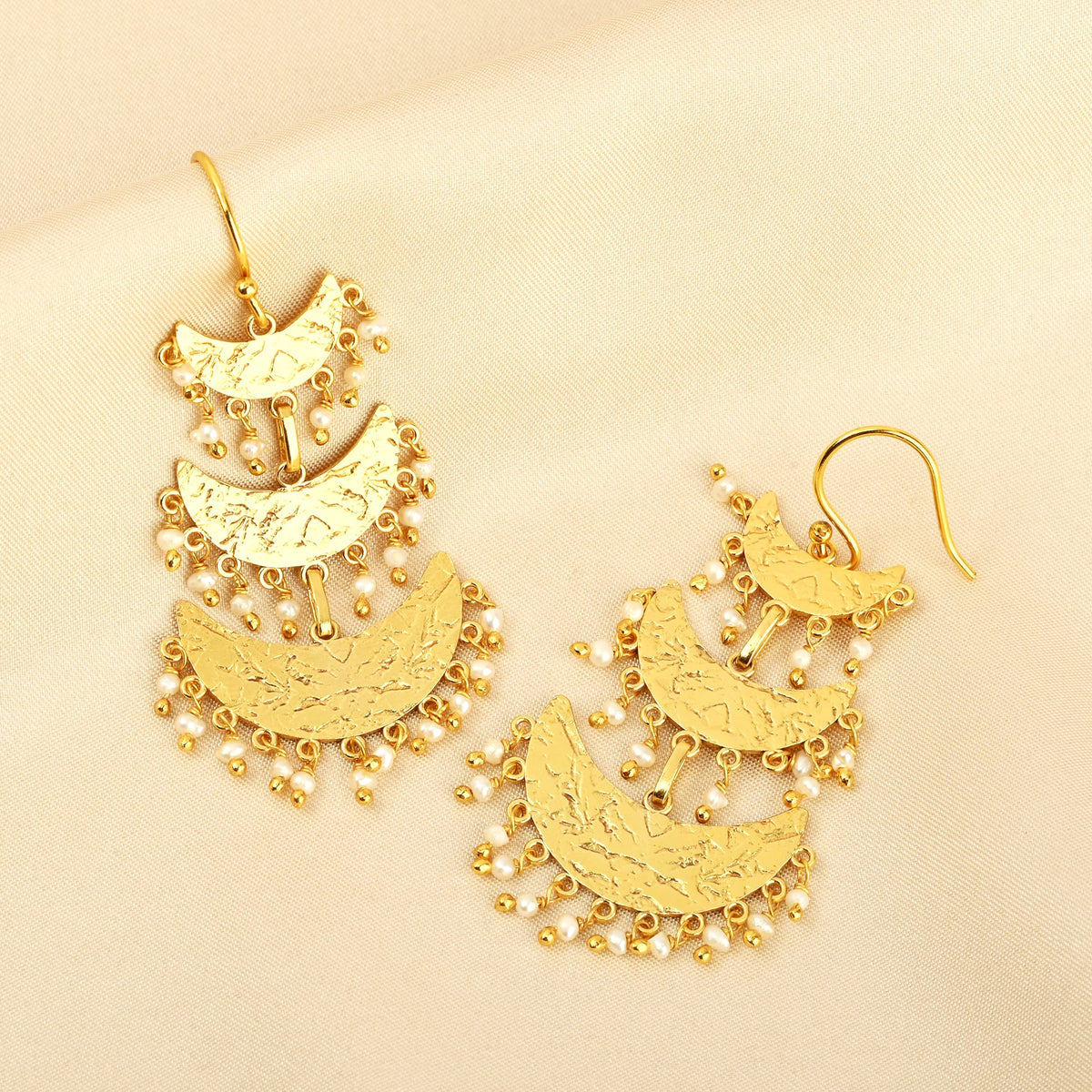 Triple-Tiered Gold Crescent Drop Earrings with Pearl Charms