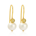 Minimalist Gold Pearl Hook Earrings with Bezel-Set Gemstone