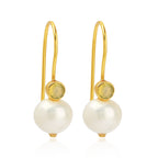 Minimalist Gold Pearl Hook Earrings with Bezel-Set Gemstone