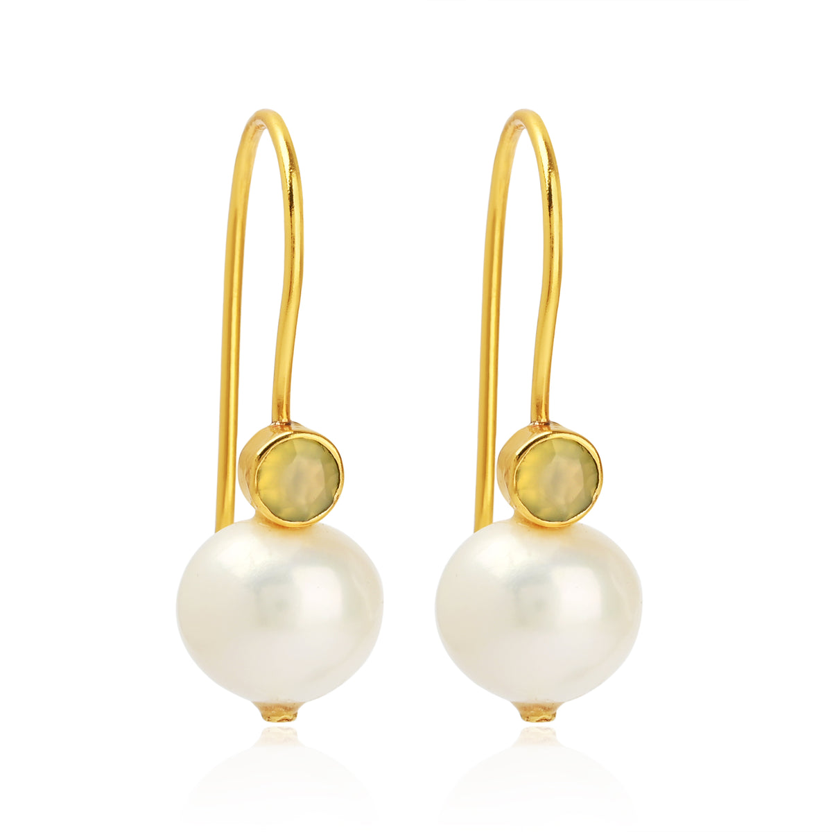 Minimalist Gold Pearl Hook Earrings with Bezel-Set Gemstone