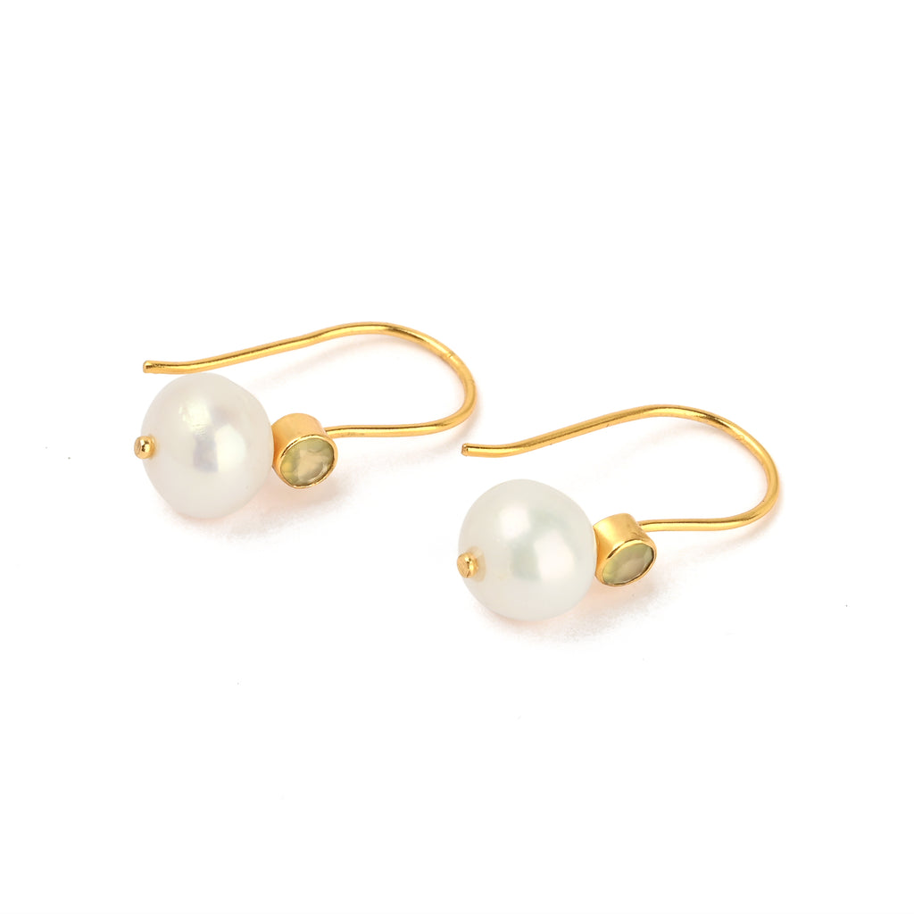 Minimalist Gold Pearl Hook Earrings with Bezel-Set Gemstone