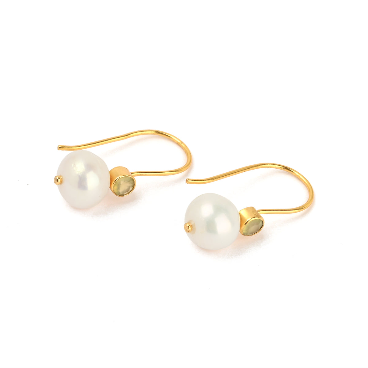 Minimalist Gold Pearl Hook Earrings with Bezel-Set Gemstone