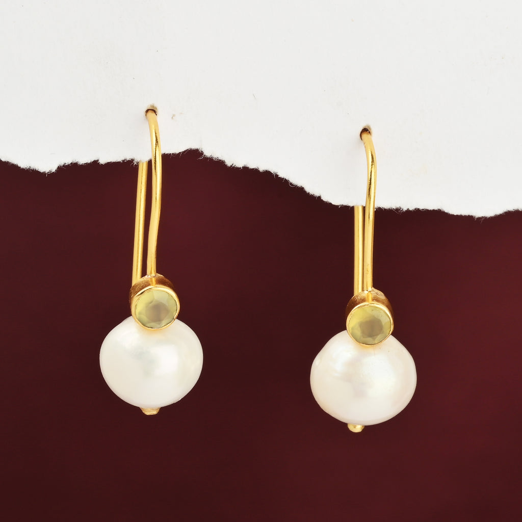 Minimalist Gold Pearl Hook Earrings with Bezel-Set Gemstone