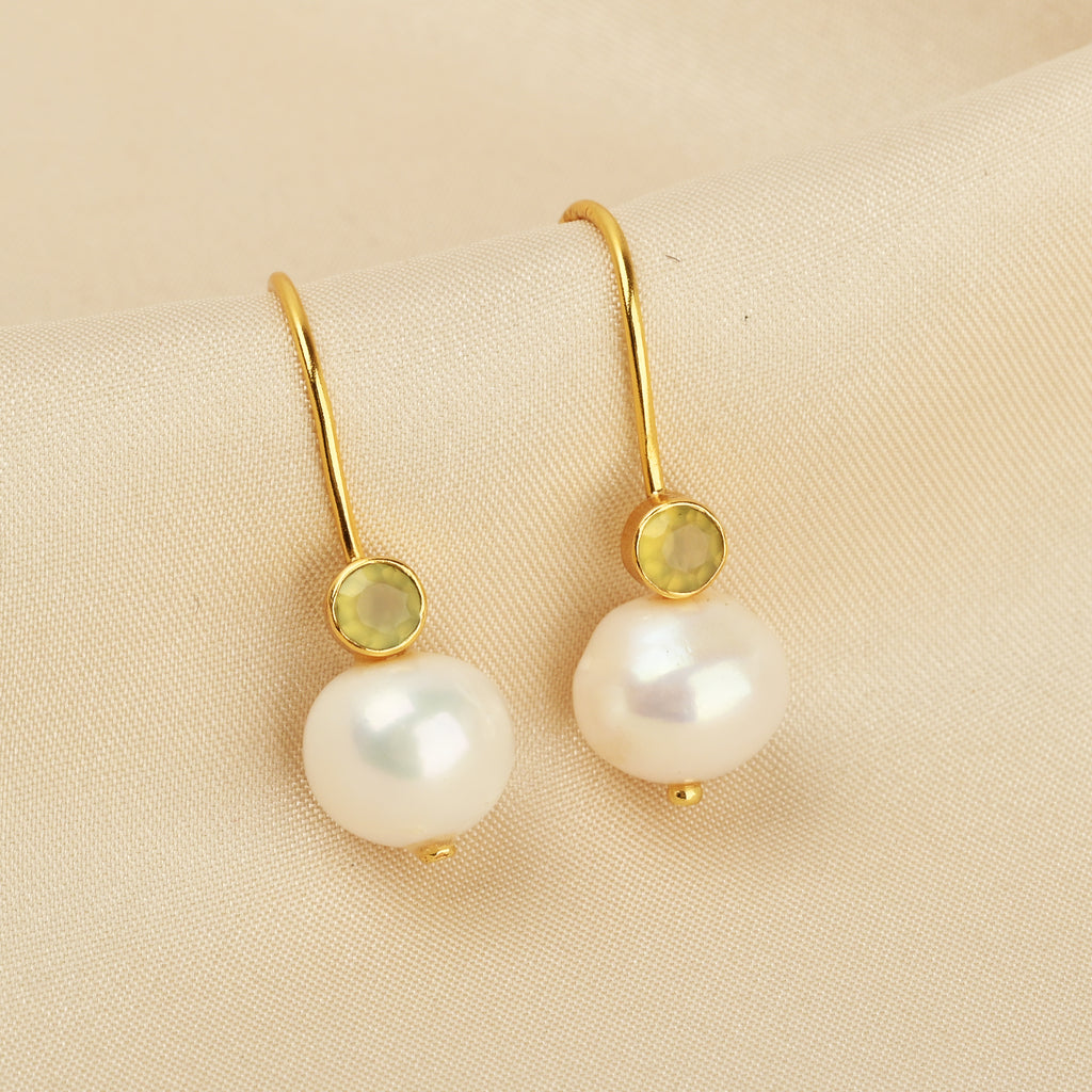 Minimalist Gold Pearl Hook Earrings with Bezel-Set Gemstone