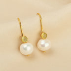 Minimalist Gold Pearl Hook Earrings with Bezel-Set Gemstone