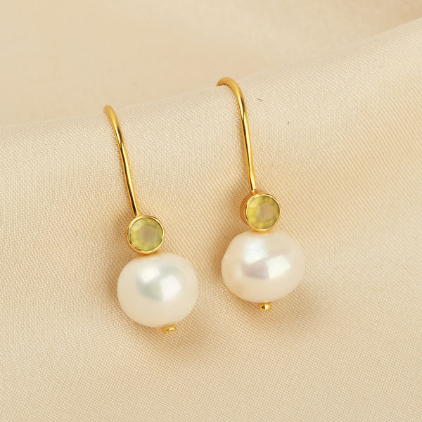 Minimalist Gold Pearl Hook Earrings with Bezel-Set Gemstone