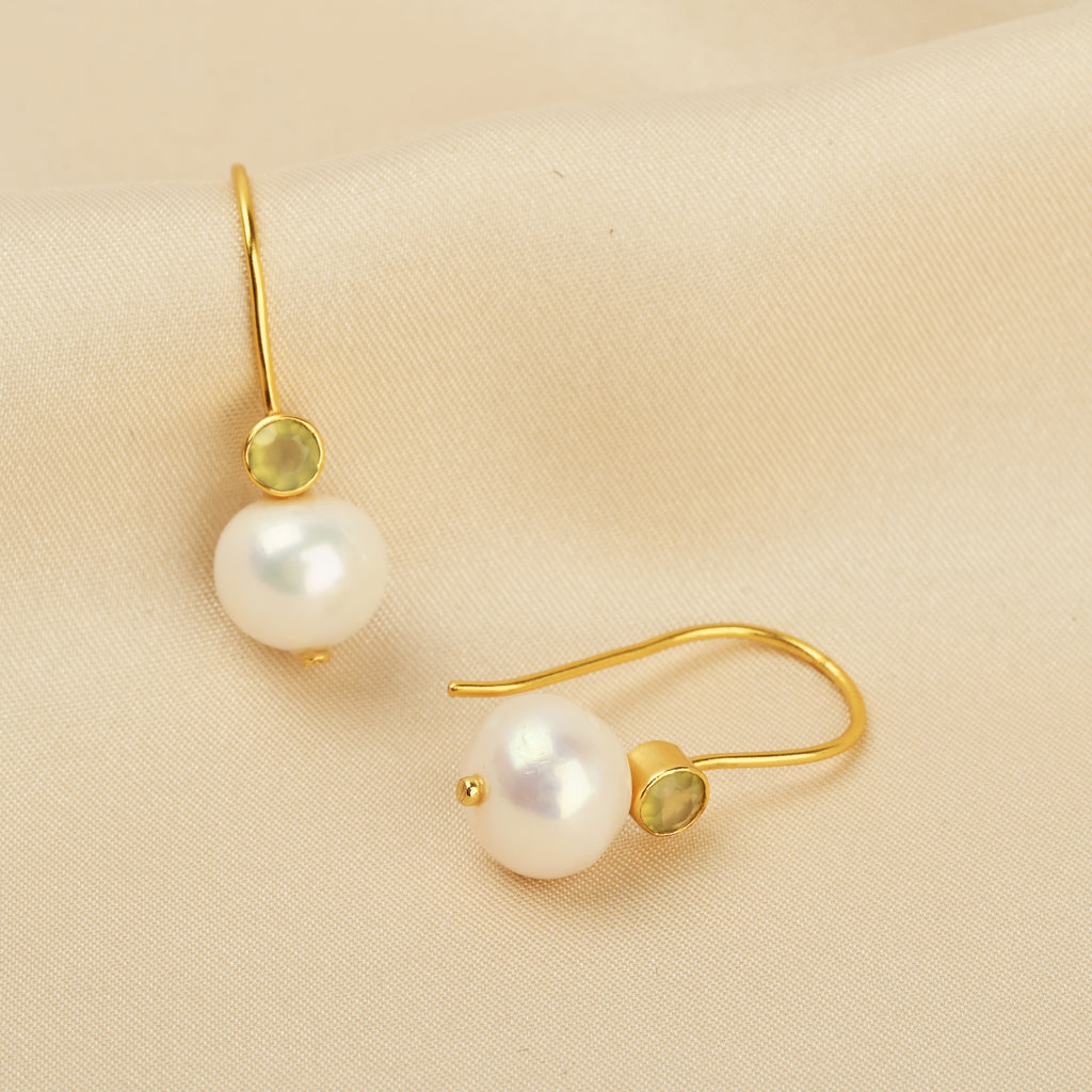 Minimalist Gold Pearl Hook Earrings with Bezel-Set Gemstone