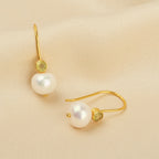 Minimalist Gold Pearl Hook Earrings with Bezel-Set Gemstone