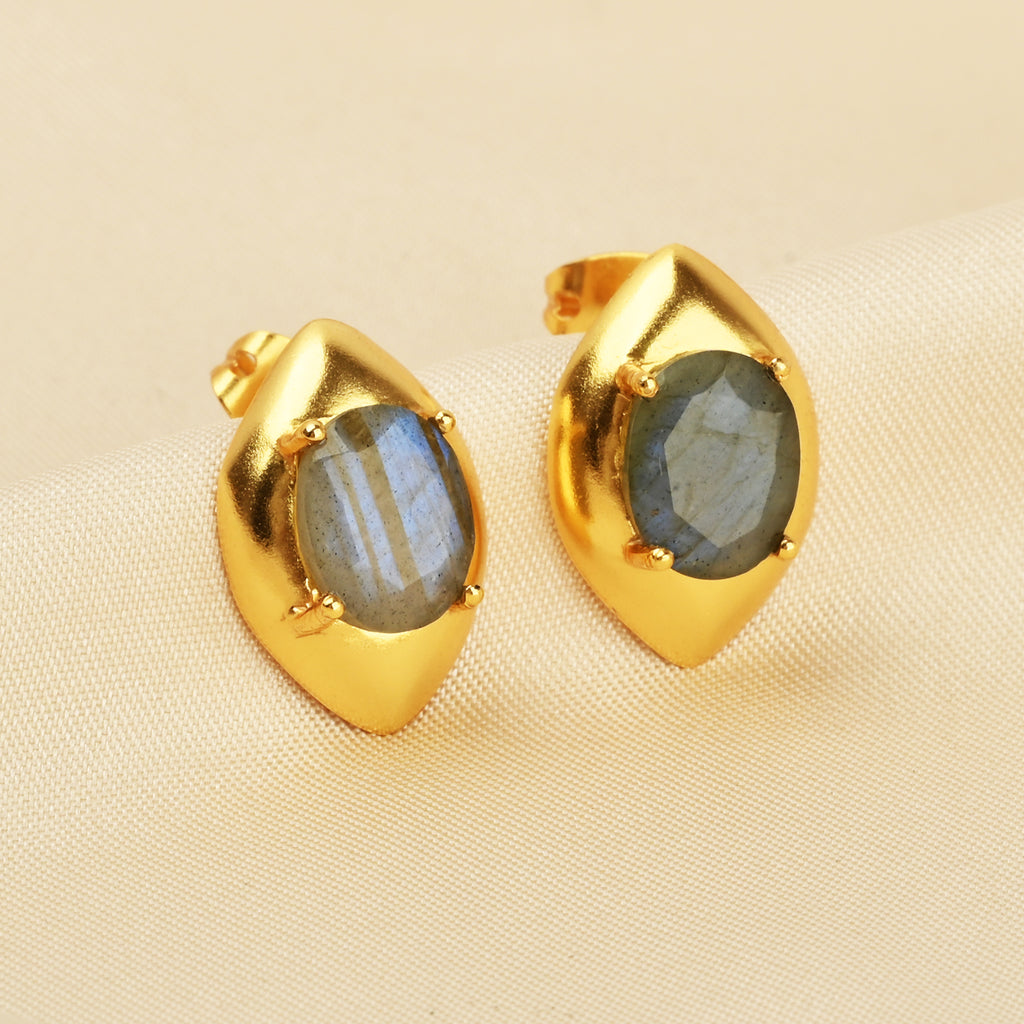 Gold-Plated Marquise Framed Labradorite Stud Earrings