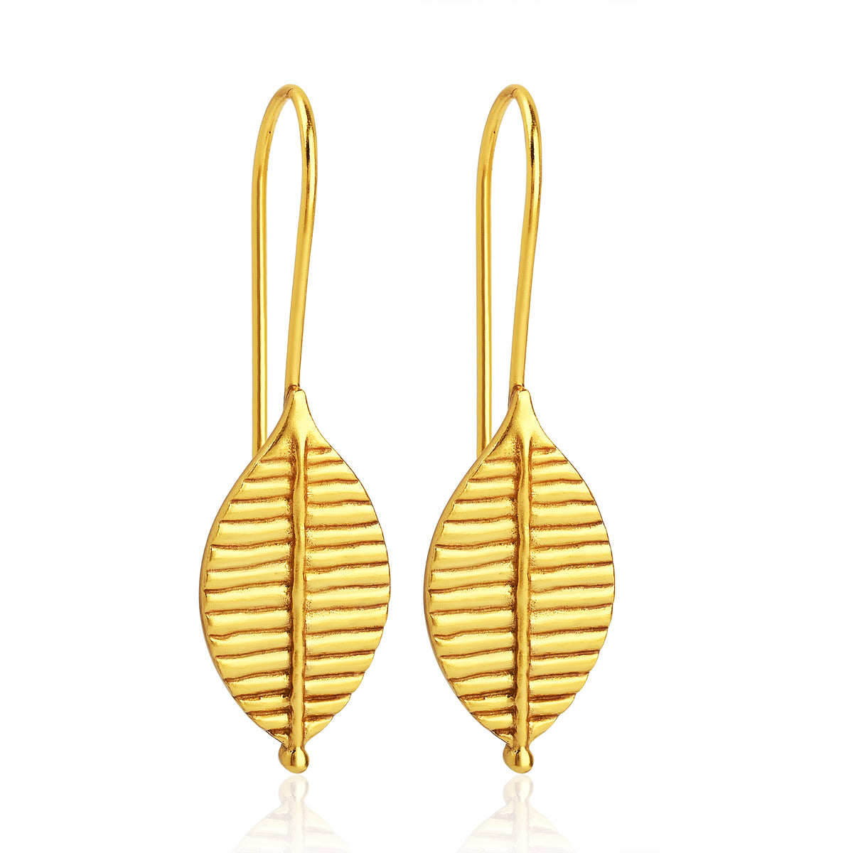 Gold-Plated Ribbed Leaf Drop Hook Earrings