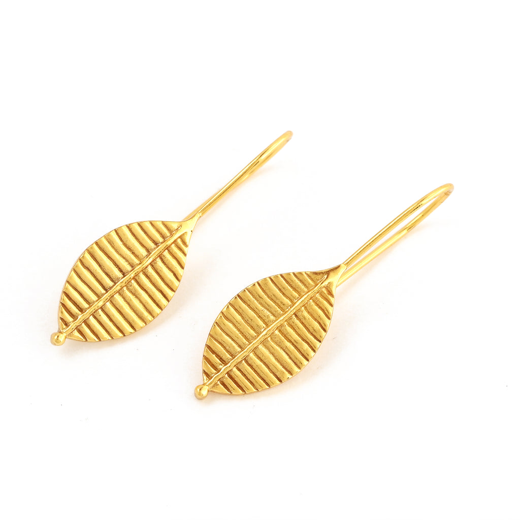 Gold-Plated Ribbed Leaf Drop Hook Earrings