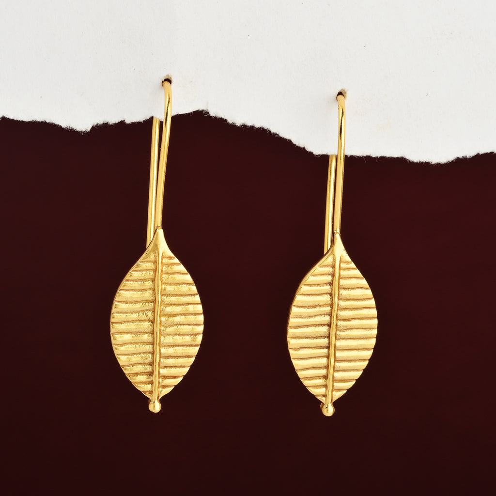 Gold-Plated Ribbed Leaf Drop Hook Earrings