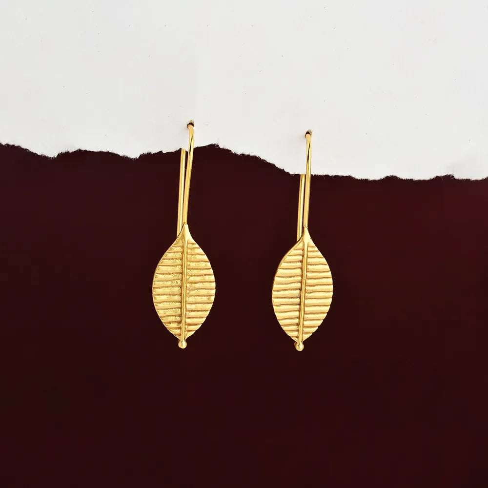 Gold-Plated Ribbed Leaf Drop Hook Earrings
