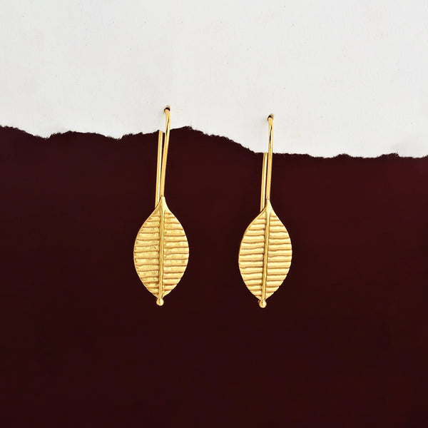 Gold-Plated Ribbed Leaf Drop Hook Earrings