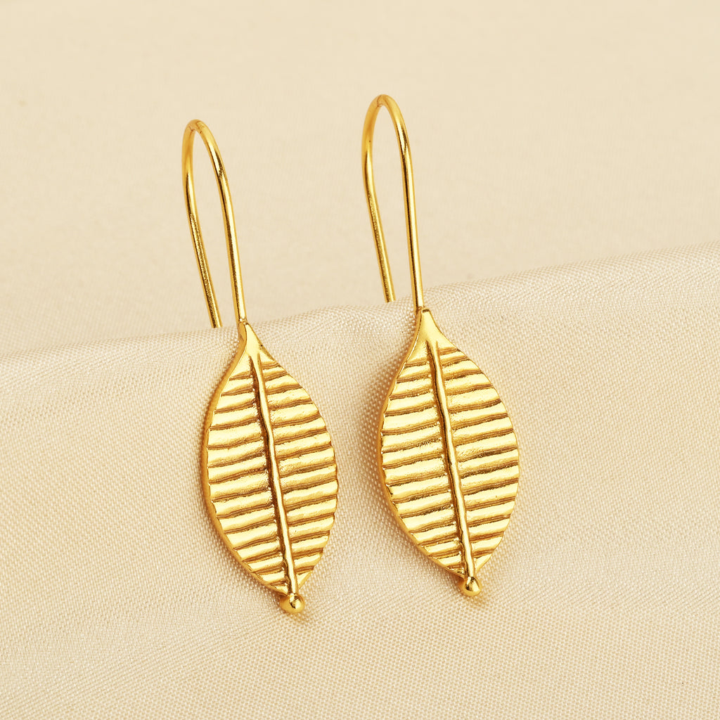 Gold-Plated Ribbed Leaf Drop Hook Earrings