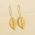 Gold-Plated Ribbed Leaf Drop Hook Earrings
