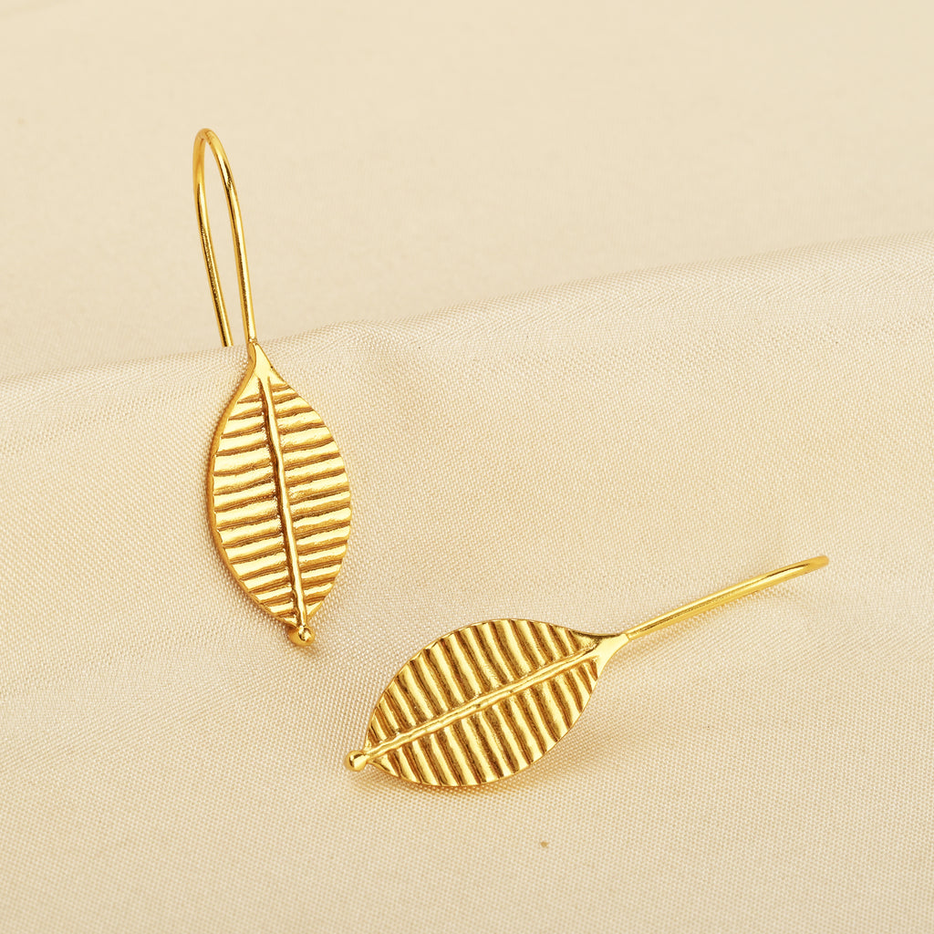 Gold-Plated Ribbed Leaf Drop Hook Earrings