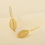 Gold-Plated Ribbed Leaf Drop Hook Earrings