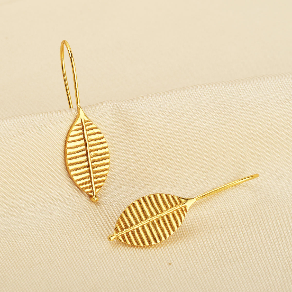 Gold-Plated Ribbed Leaf Drop Hook Earrings
