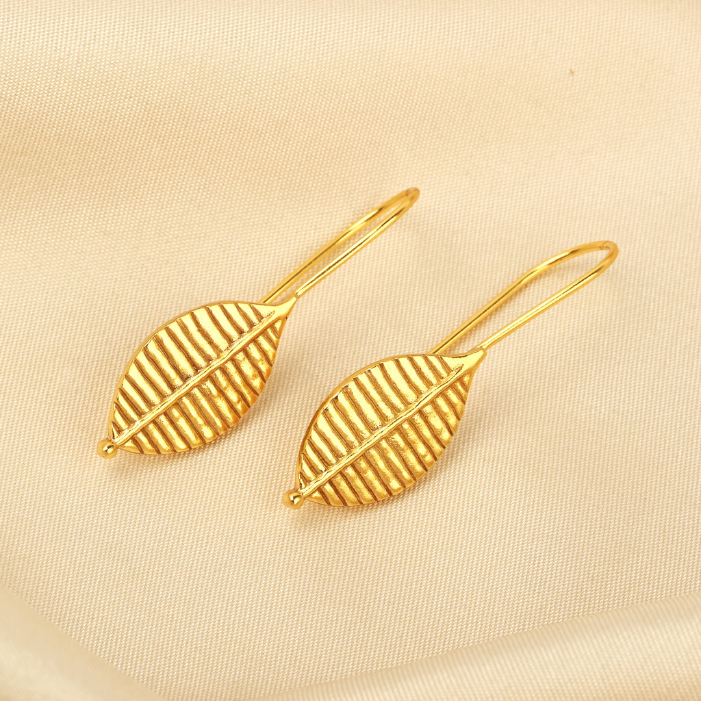 Gold-Plated Ribbed Leaf Drop Hook Earrings