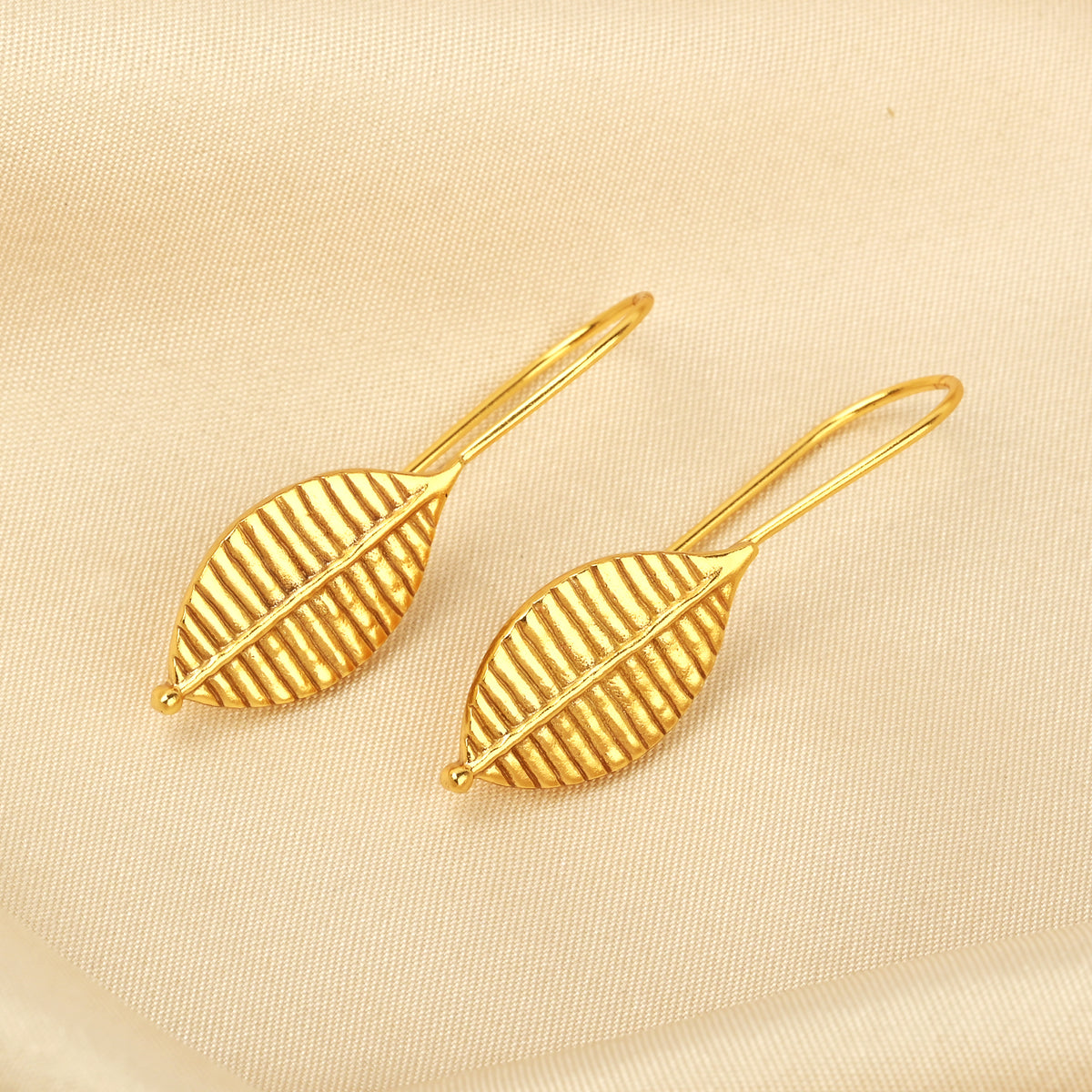 Gold-Plated Ribbed Leaf Drop Hook Earrings