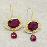 Crimson Ruby & Pearl Drop Earrings