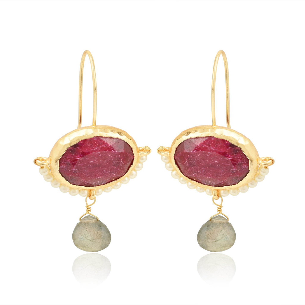Crimson Ruby & Pearl Drop Earrings - La Vitá Jewels