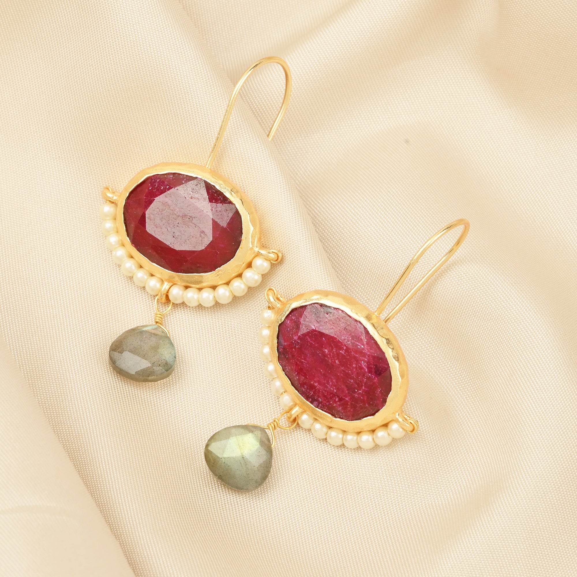 Crimson Ruby & Pearl Drop Earrings - La Vitá Jewels
