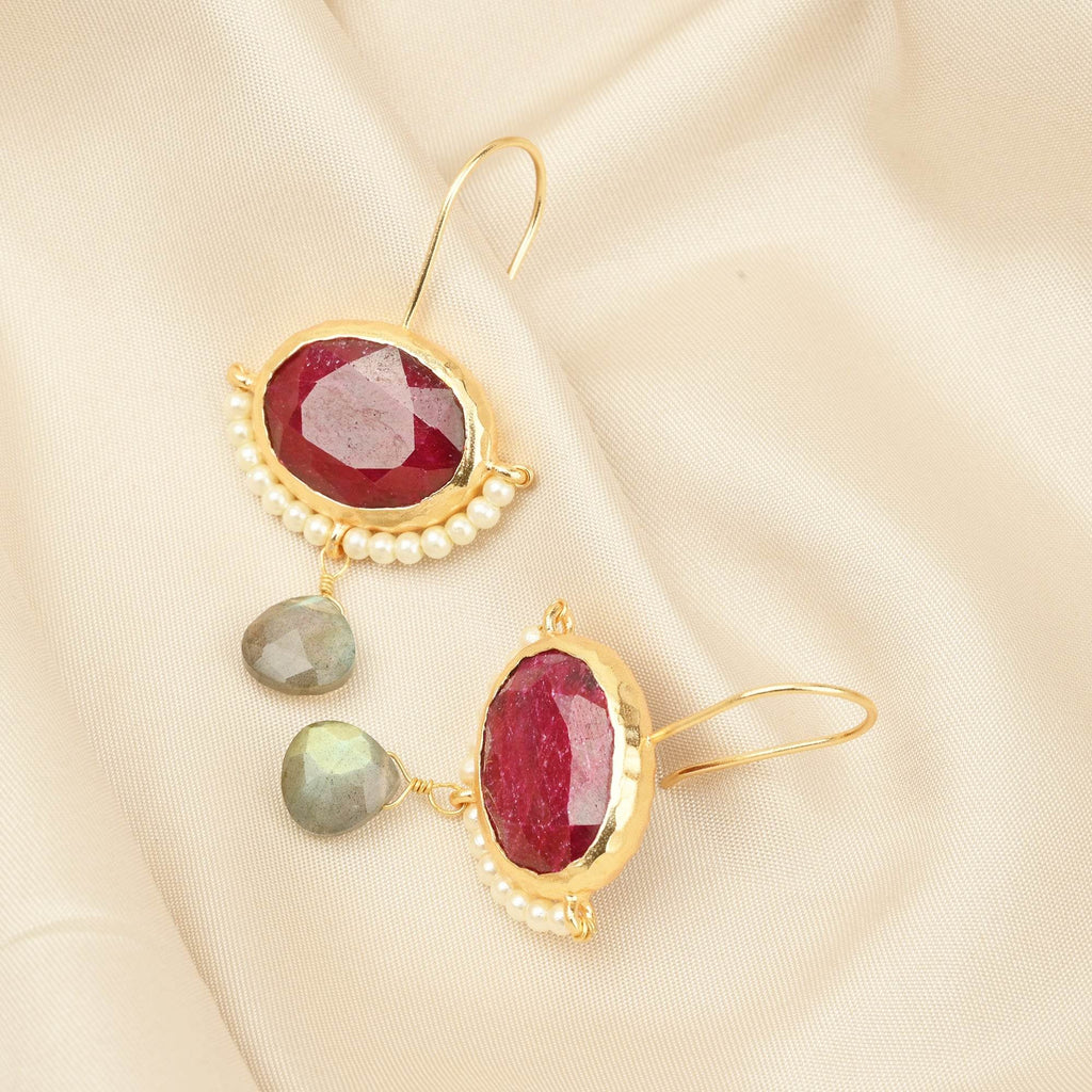 Crimson Ruby & Pearl Drop Earrings - La Vitá Jewels