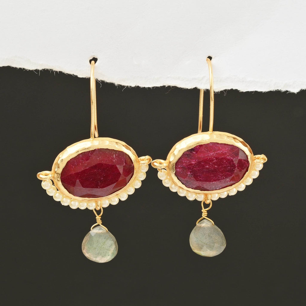 Crimson Ruby & Pearl Drop Earrings - La Vitá Jewels