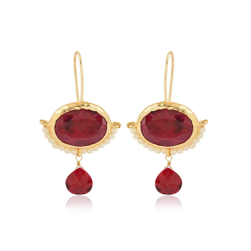 Crimson Ruby & Pearl Drop Earrings - La Vitá Jewels